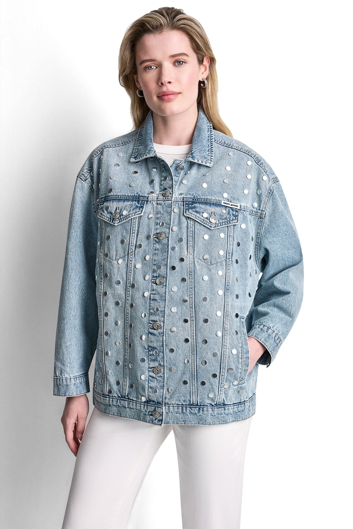 DKNY OVERSIZED DENIM TRUCKER JACKET WITH STUDS