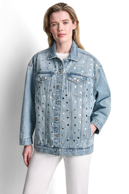 DKNY OVERSIZED DENIM TRUCKER JACKET WITH STUDS
