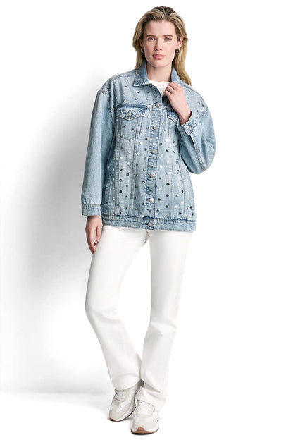 DKNY OVERSIZED DENIM TRUCKER JACKET WITH STUDS