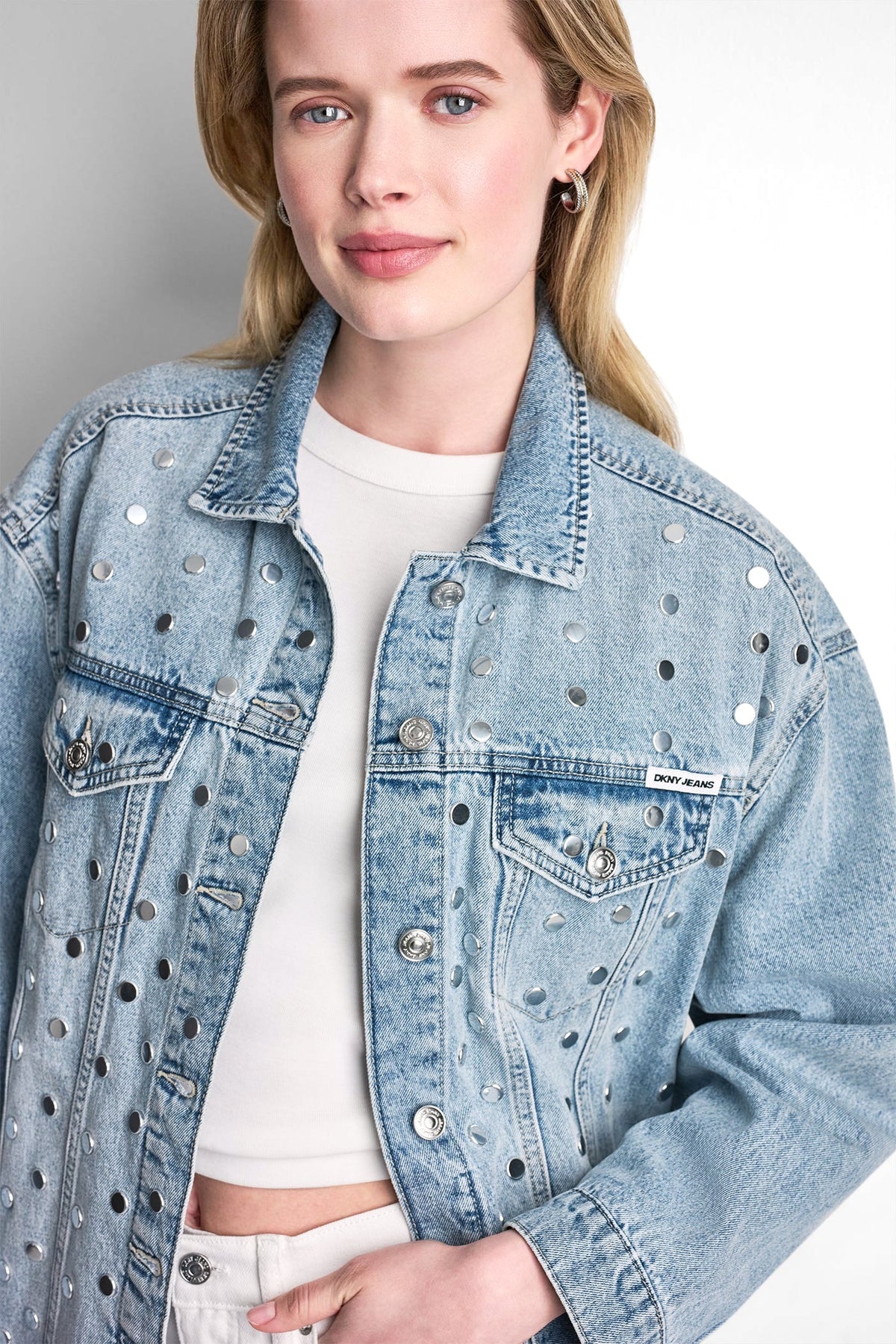 DKNY OVERSIZED DENIM TRUCKER JACKET WITH STUDS