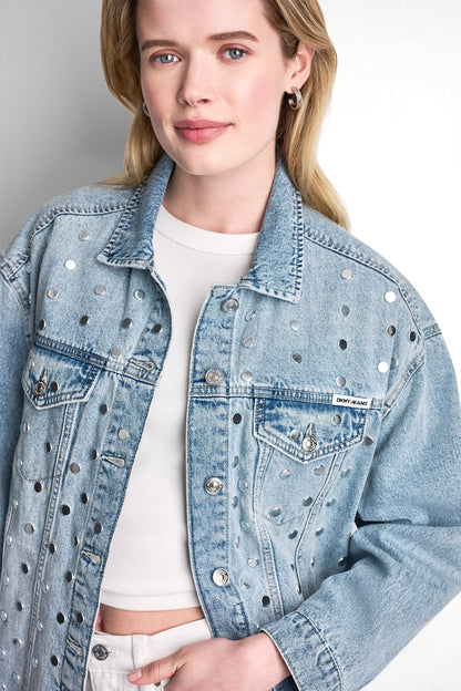 DKNY OVERSIZED DENIM TRUCKER JACKET WITH STUDS