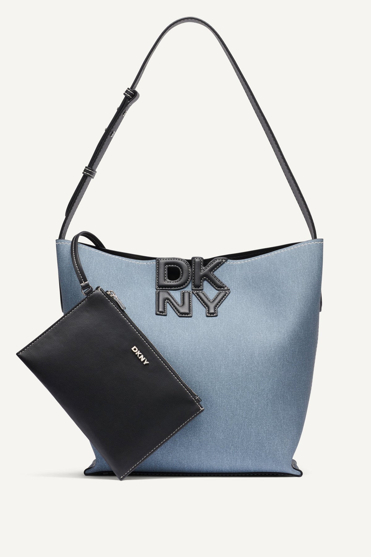 DKNY NICOLE DENIM LOGO BUCKET BAG