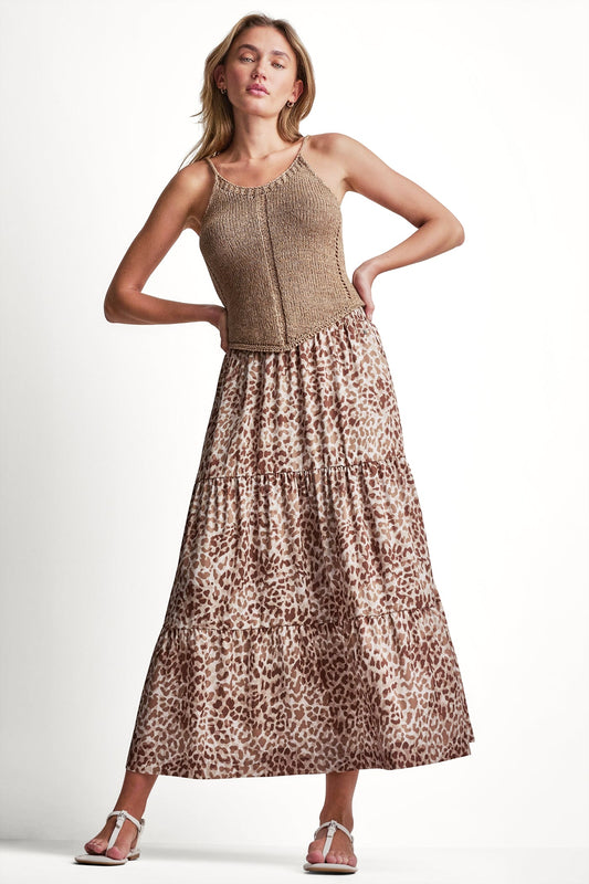 DKNY TIERED SATIN PRINTED SKIRT