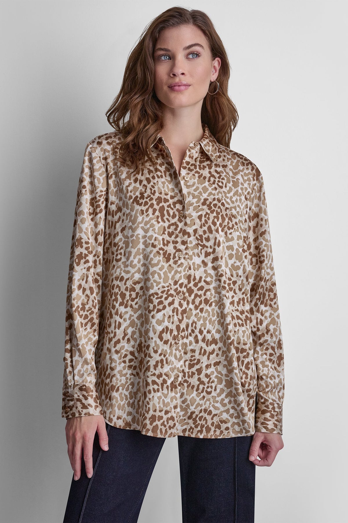 DKNY BUTTON FRONT PRINTED BLOUSE