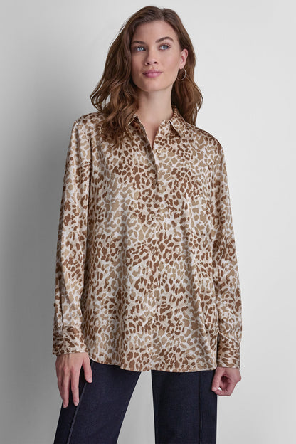DKNY BUTTON FRONT PRINTED BLOUSE