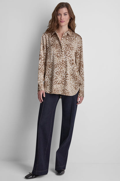 DKNY BUTTON FRONT PRINTED BLOUSE