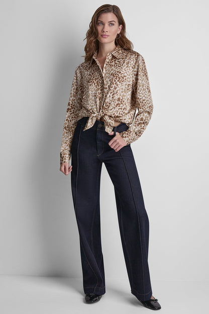 DKNY BUTTON FRONT PRINTED BLOUSE