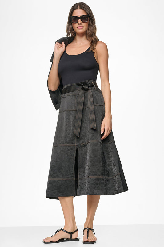 DKNY TIE WAIST CONTRAST STITCH MIDI SKIRT