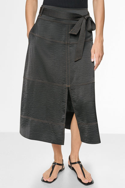 DKNY TIE WAIST CONTRAST STITCH MIDI SKIRT