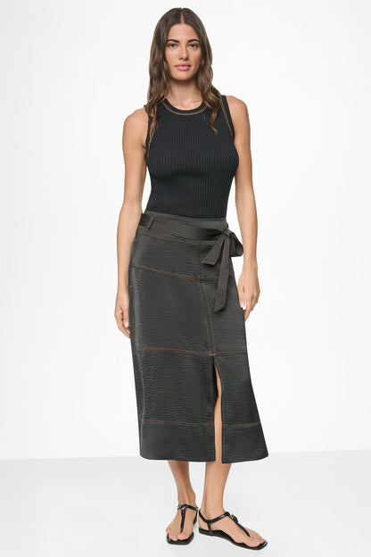 DKNY TIE WAIST CONTRAST STITCH MIDI SKIRT