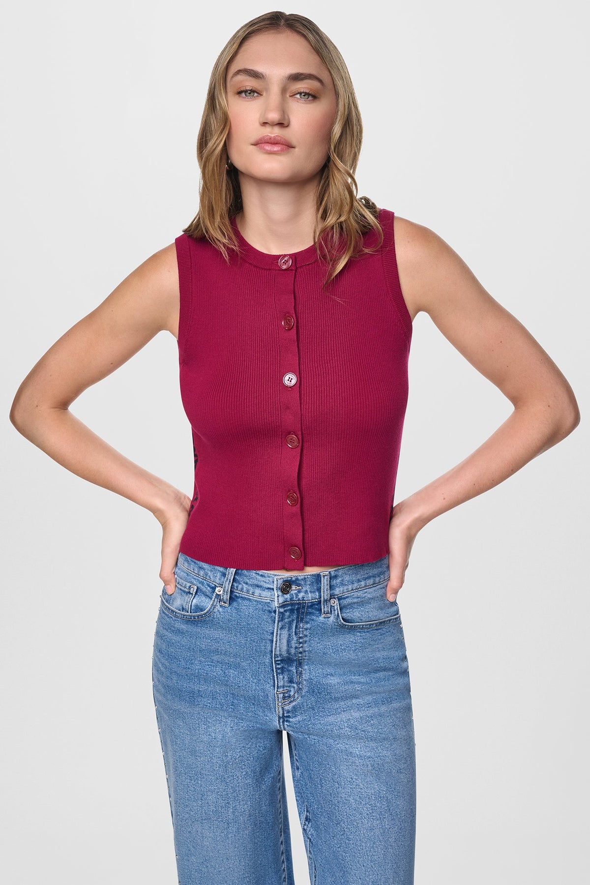 DKNY CROPPED SLEEVELESS LOGO TRIM SWEATER