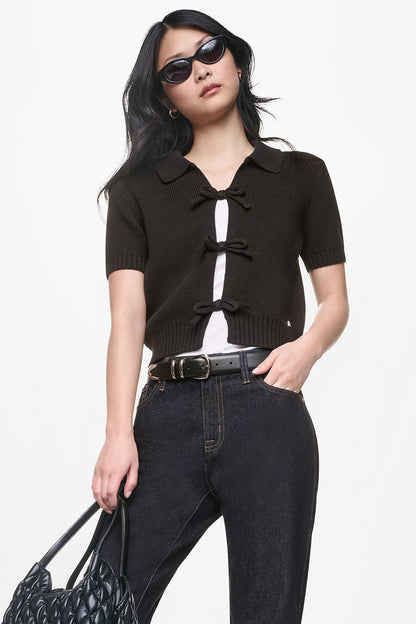 DKNY SHORT SLEEVE TIE FRONT POLO SWEATER