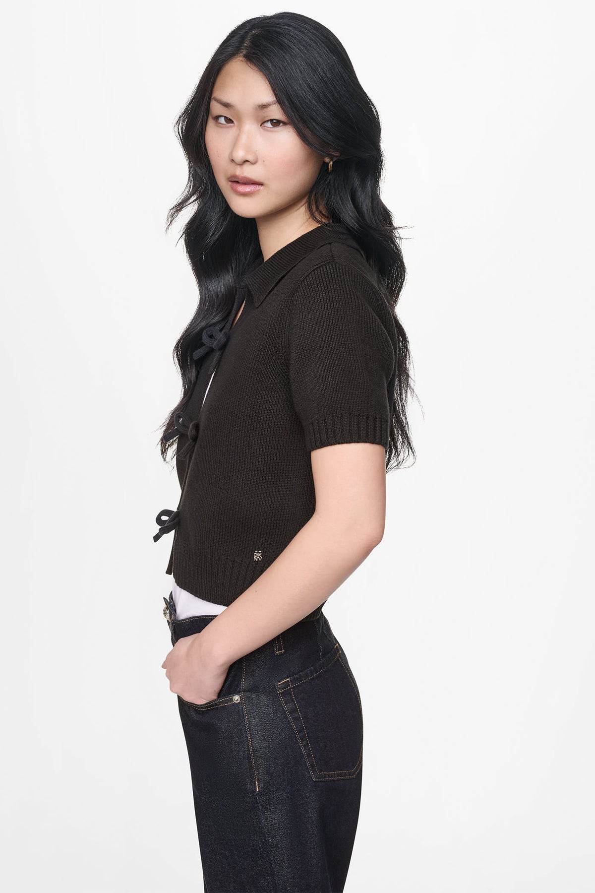 DKNY SHORT SLEEVE TIE FRONT POLO SWEATER
