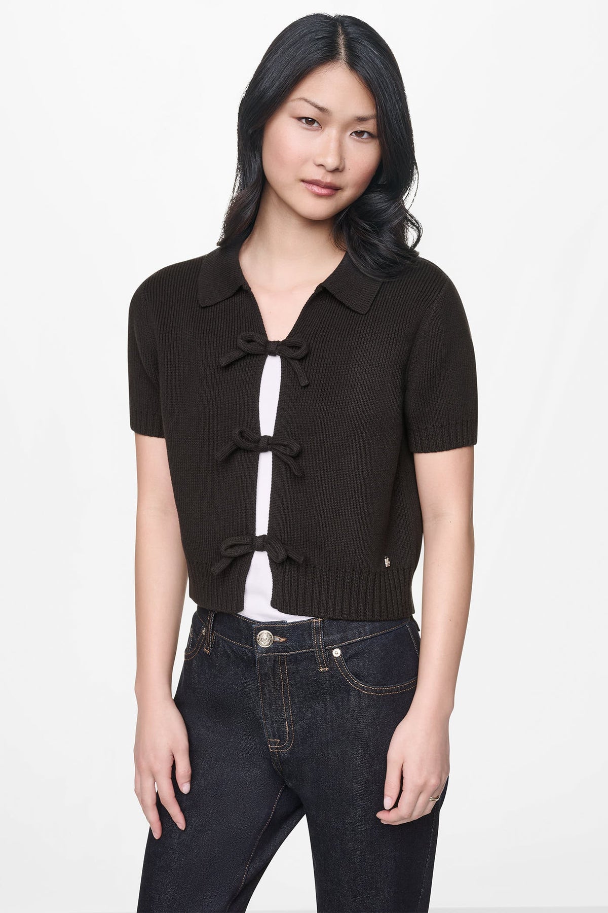 DKNY SHORT SLEEVE TIE FRONT POLO SWEATER