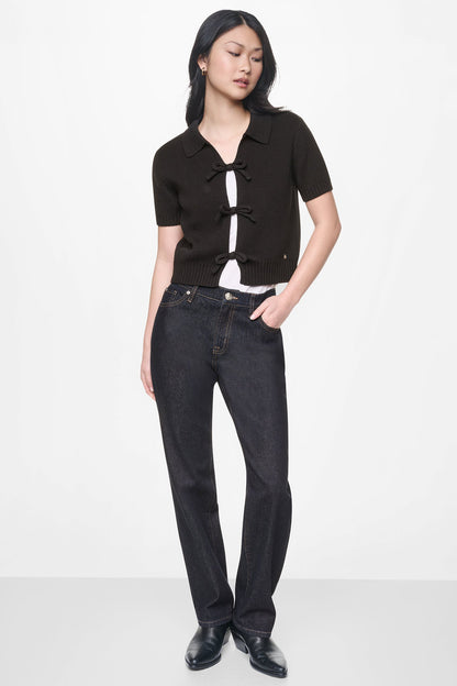 DKNY SHORT SLEEVE TIE FRONT POLO SWEATER