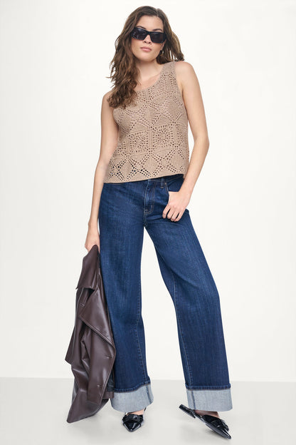 DKNY SLEEVELESS CROCHET SQUARE SWEATER