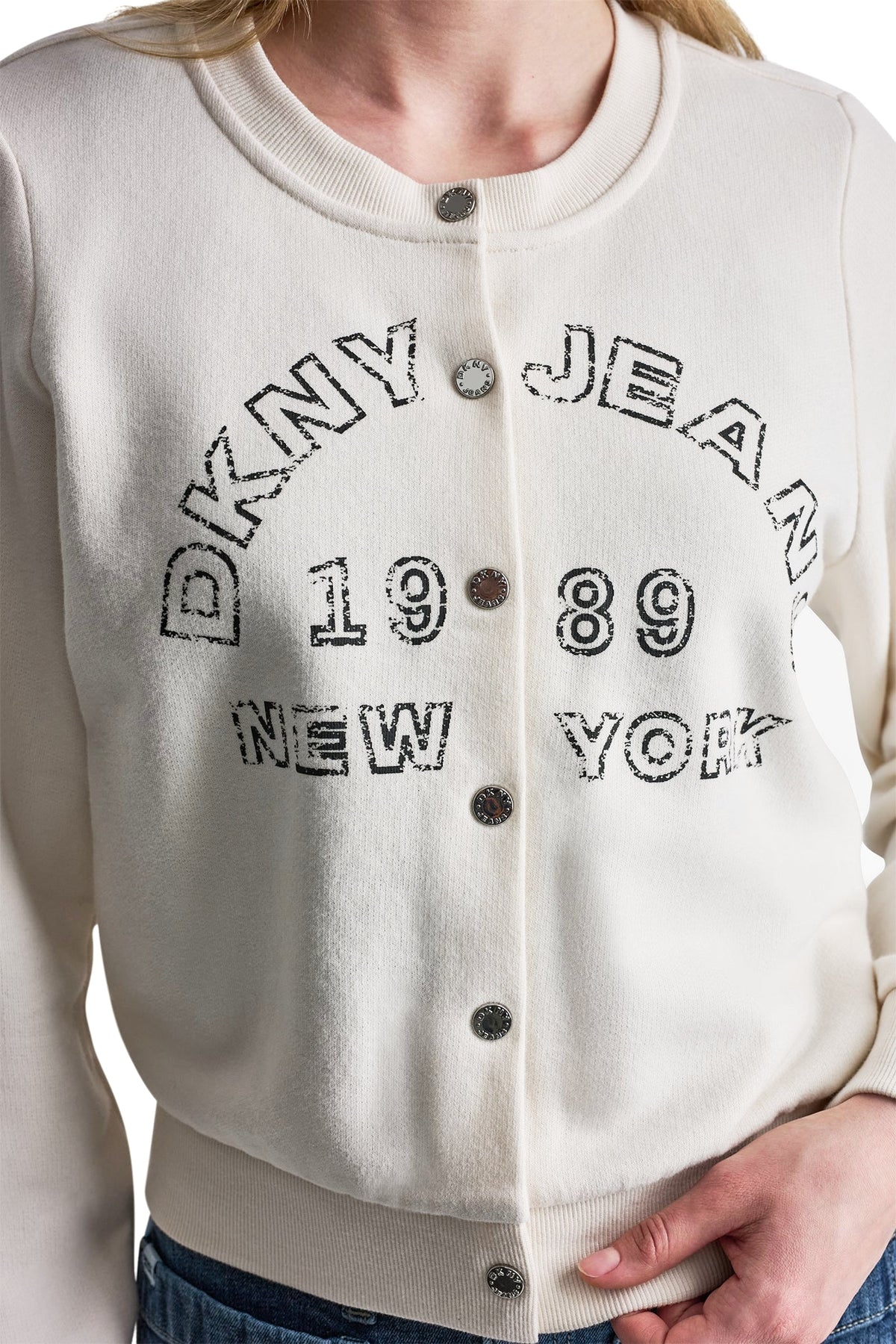 DKNY BUTTON FRONT SHRUNKEN LOGO JACKET