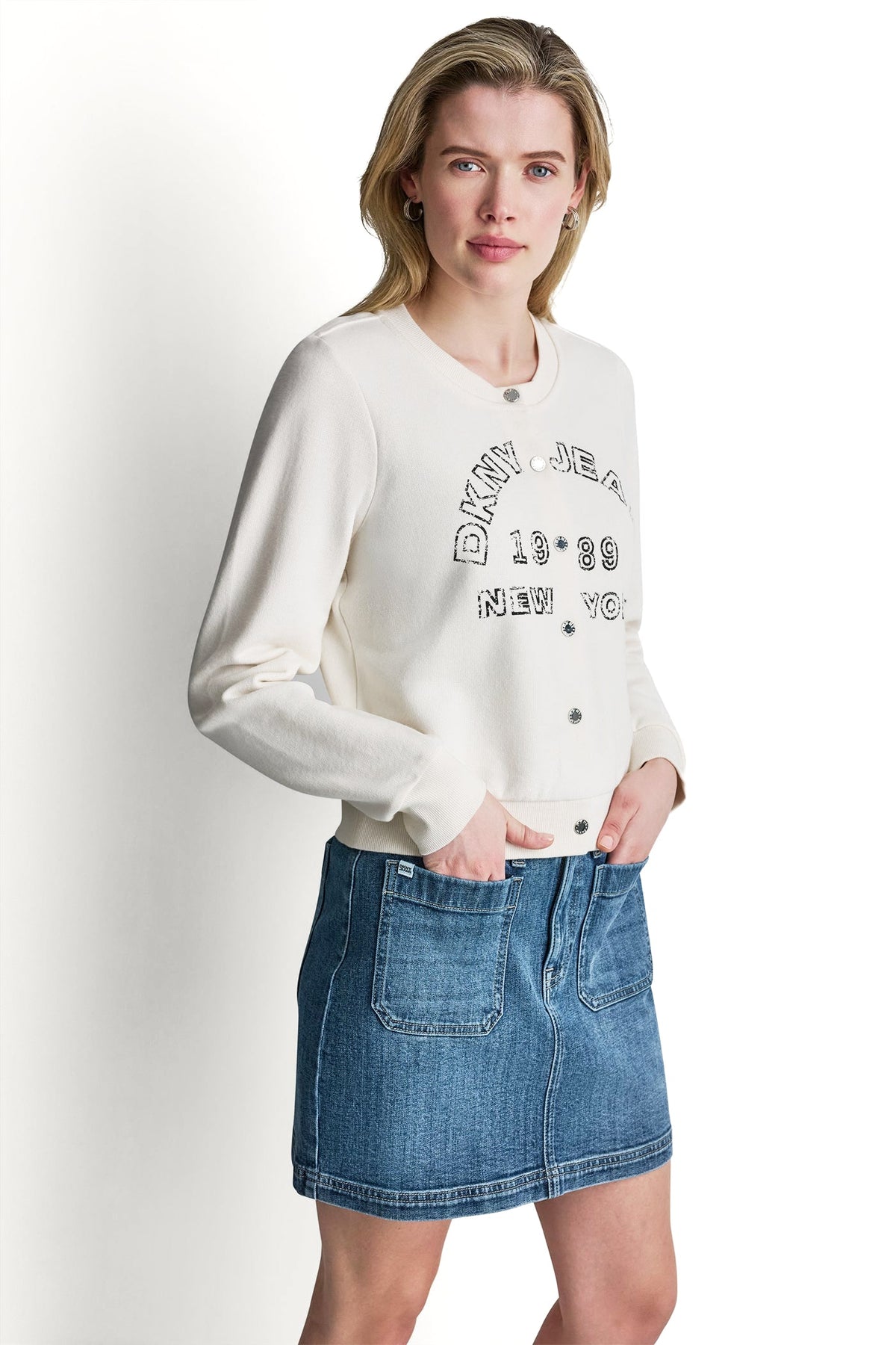 DKNY BUTTON FRONT SHRUNKEN LOGO JACKET