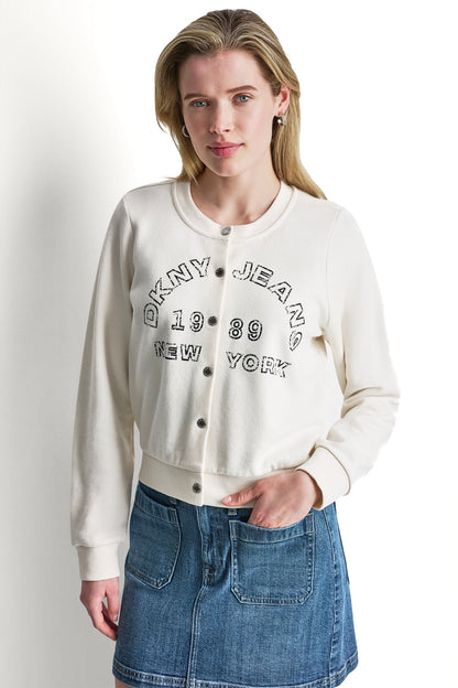 DKNY BUTTON FRONT SHRUNKEN LOGO JACKET