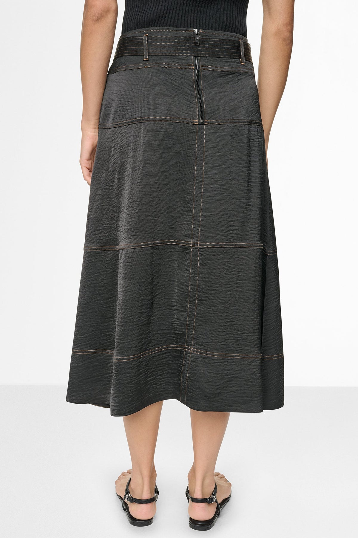 DKNY TIE WAIST CONTRAST STITCH MIDI SKIRT