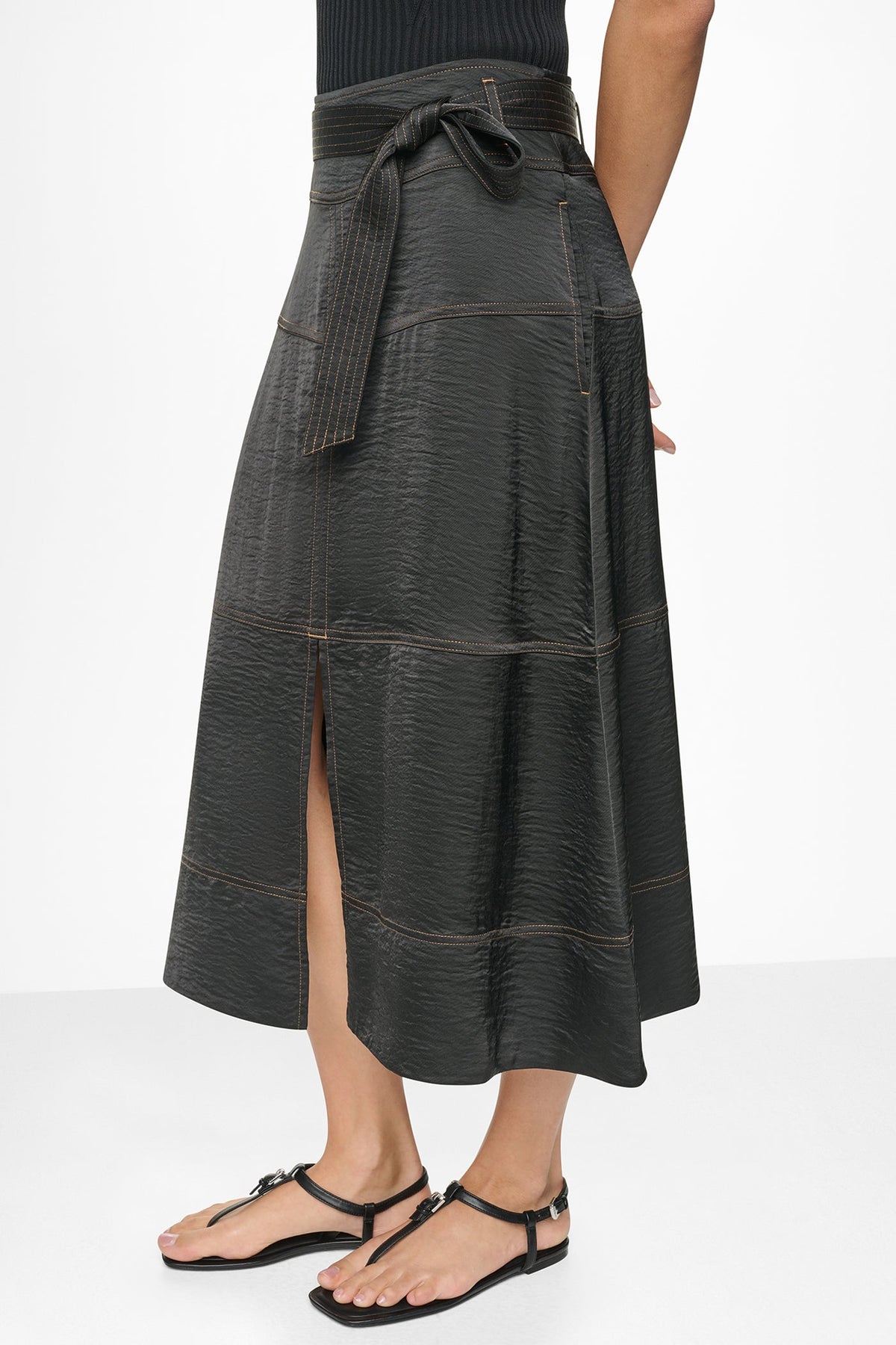 DKNY TIE WAIST CONTRAST STITCH MIDI SKIRT