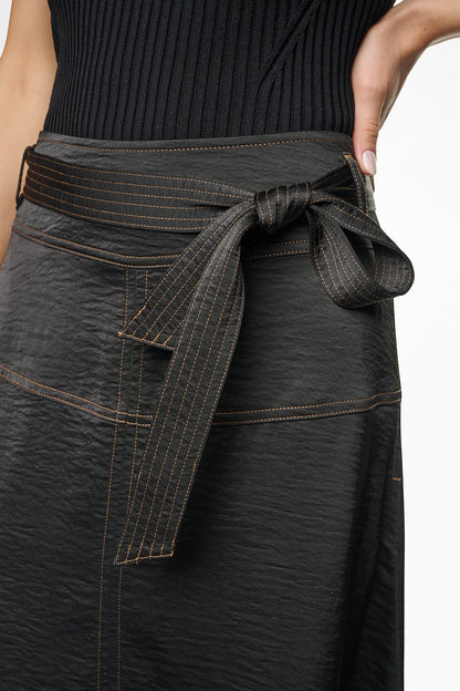 DKNY TIE WAIST CONTRAST STITCH MIDI SKIRT