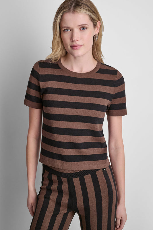 DKNY SHORT SLEEVE STRIPE SWEATER