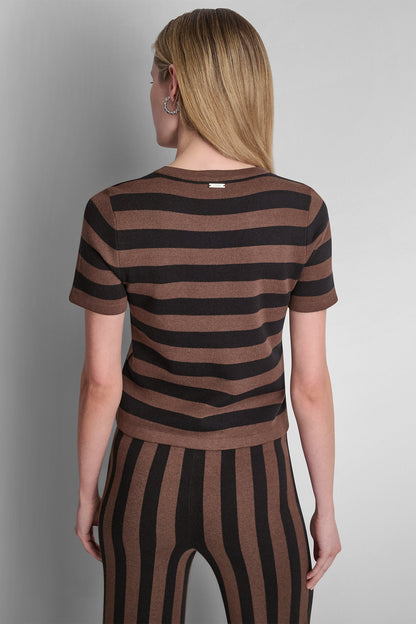 DKNY SHORT SLEEVE STRIPE SWEATER