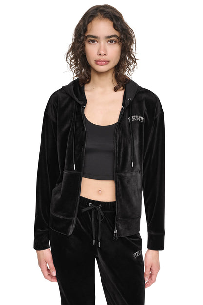 DKNY VARSITY VELOUR RHINESTONE LOGO FULL ZIP HOODIE
