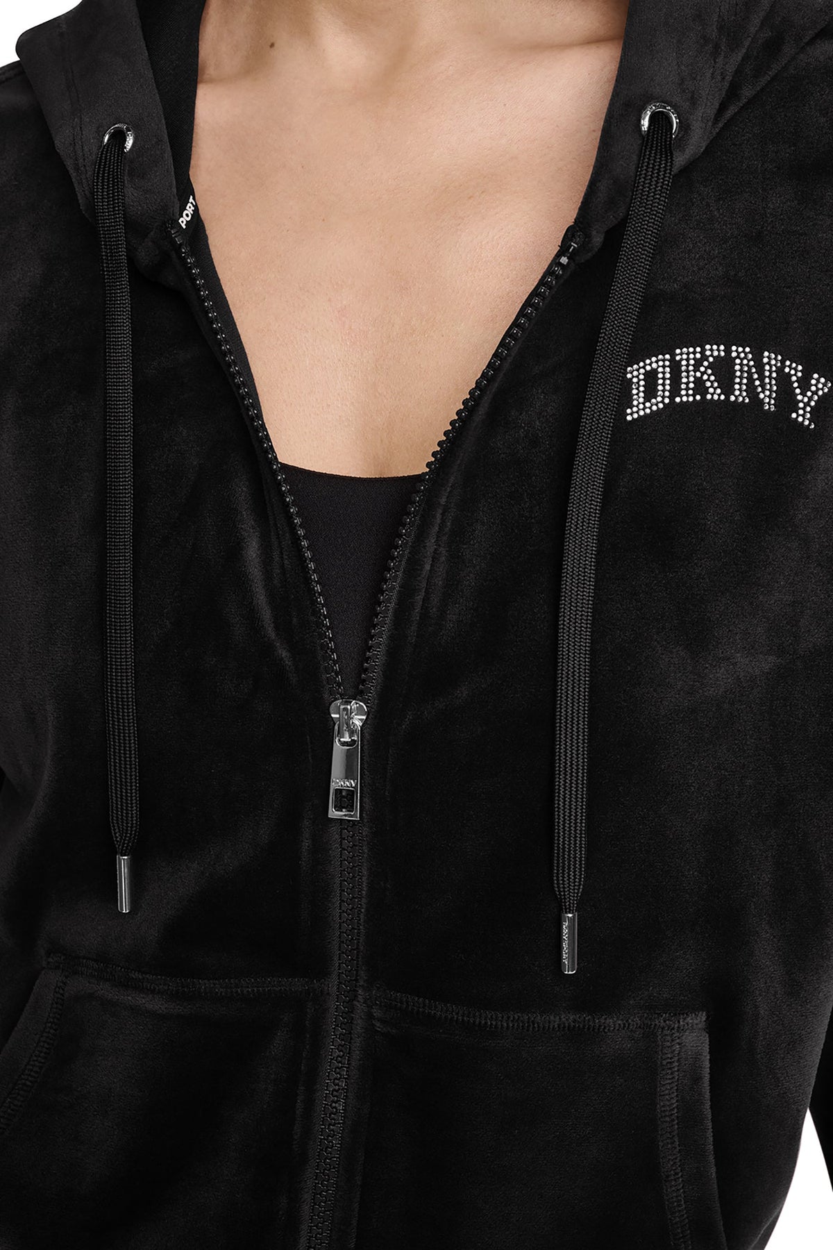 DKNY VARSITY VELOUR RHINESTONE LOGO FULL ZIP HOODIE