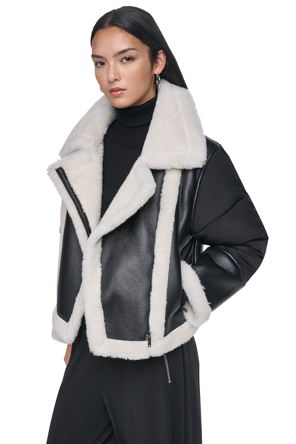 DKNY PUFF SLEEVE FAUX SHEARLING JACKET
