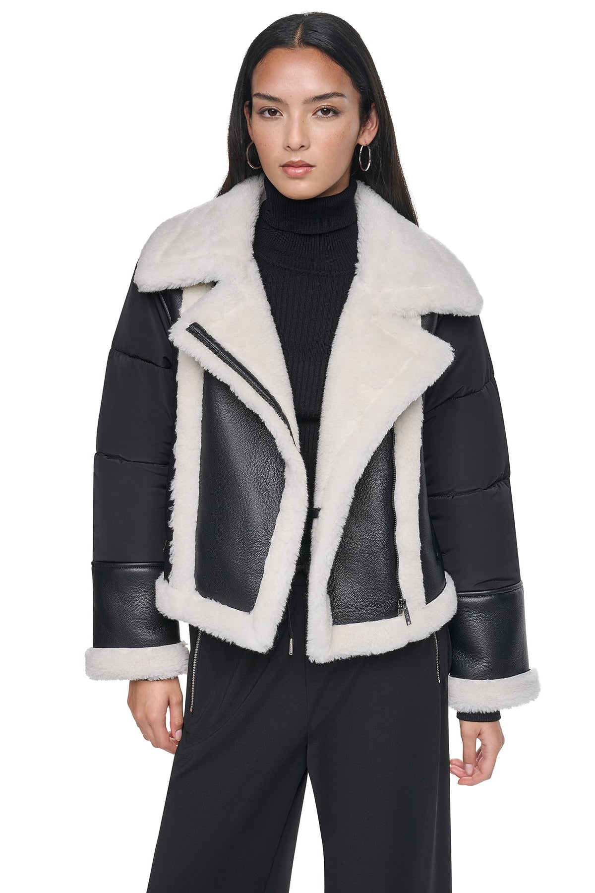DKNY PUFF SLEEVE FAUX SHEARLING JACKET