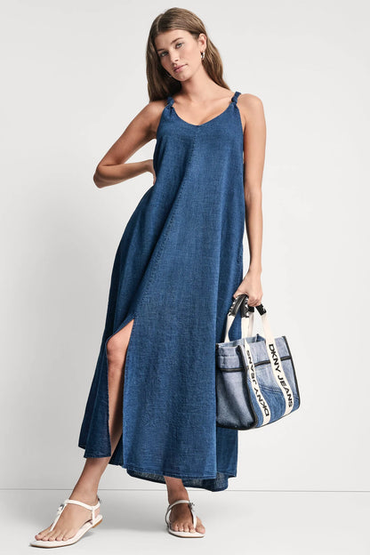 DKNY KNOTTED STRAP V-NECK MAXI DRESS