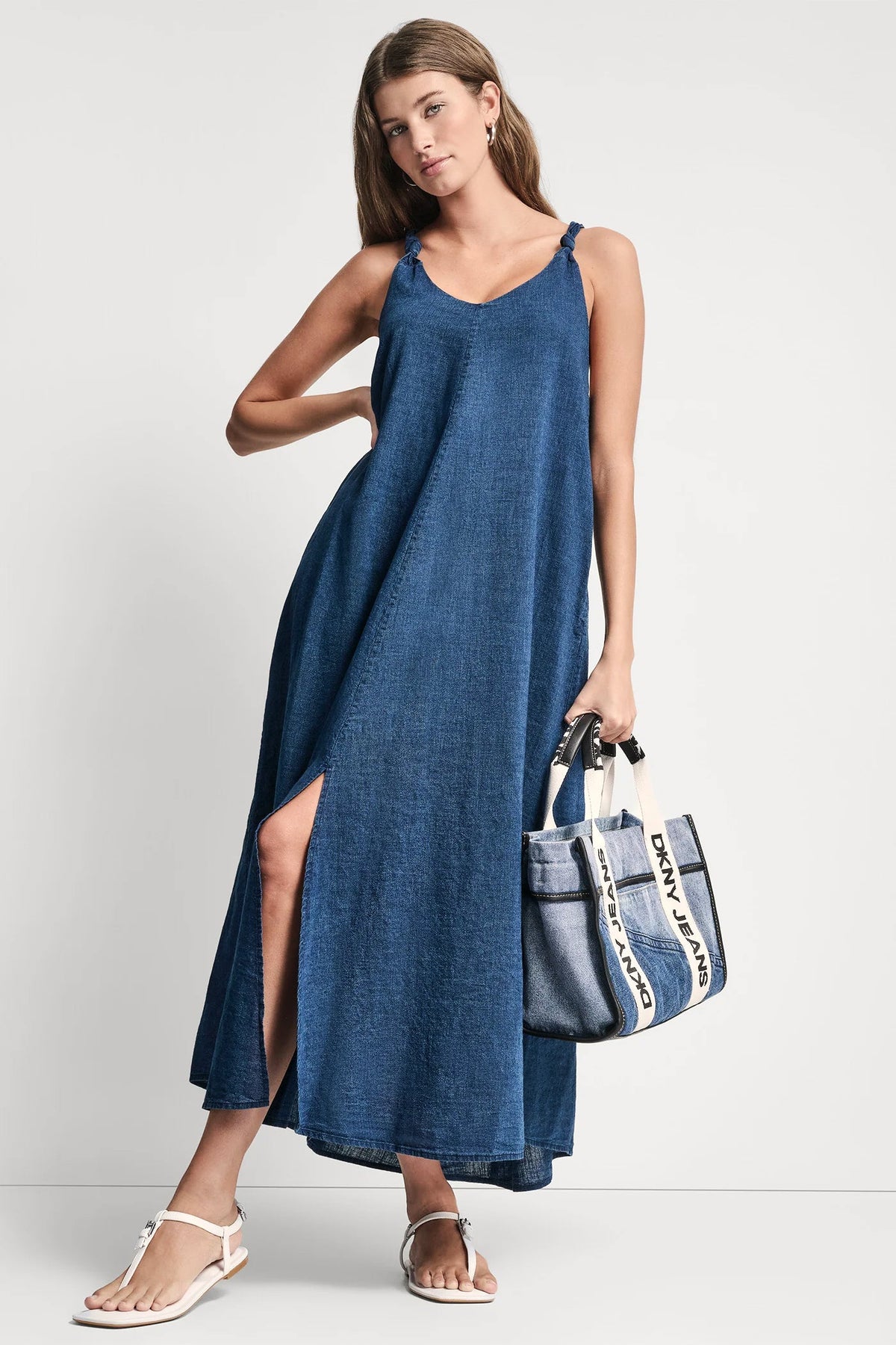 DKNY KNOTTED STRAP V-NECK MAXI DRESS