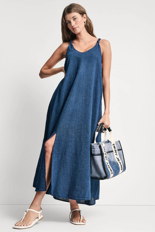 DKNY KNOTTED STRAP V-NECK MAXI DRESS