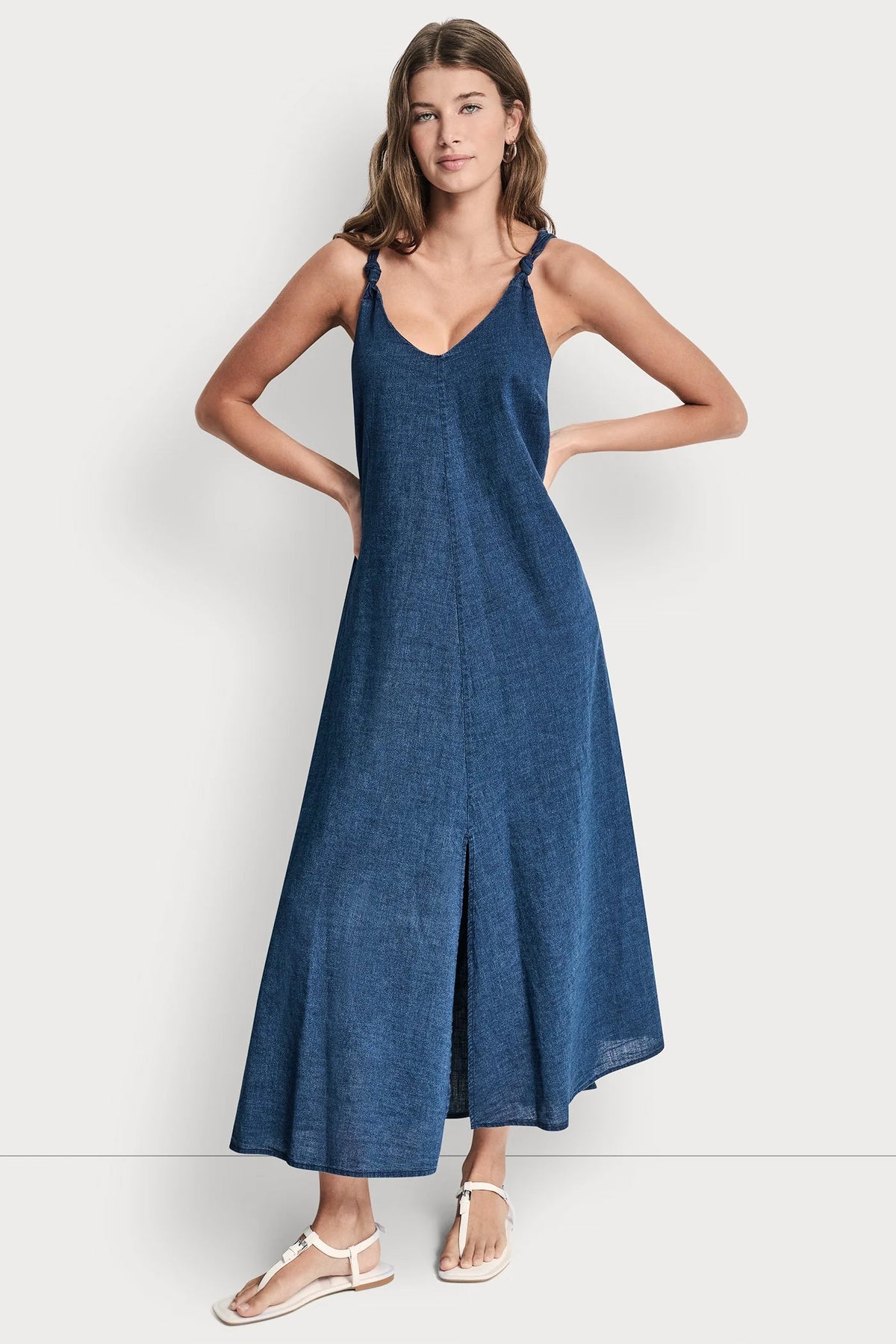 DKNY KNOTTED STRAP V-NECK MAXI DRESS