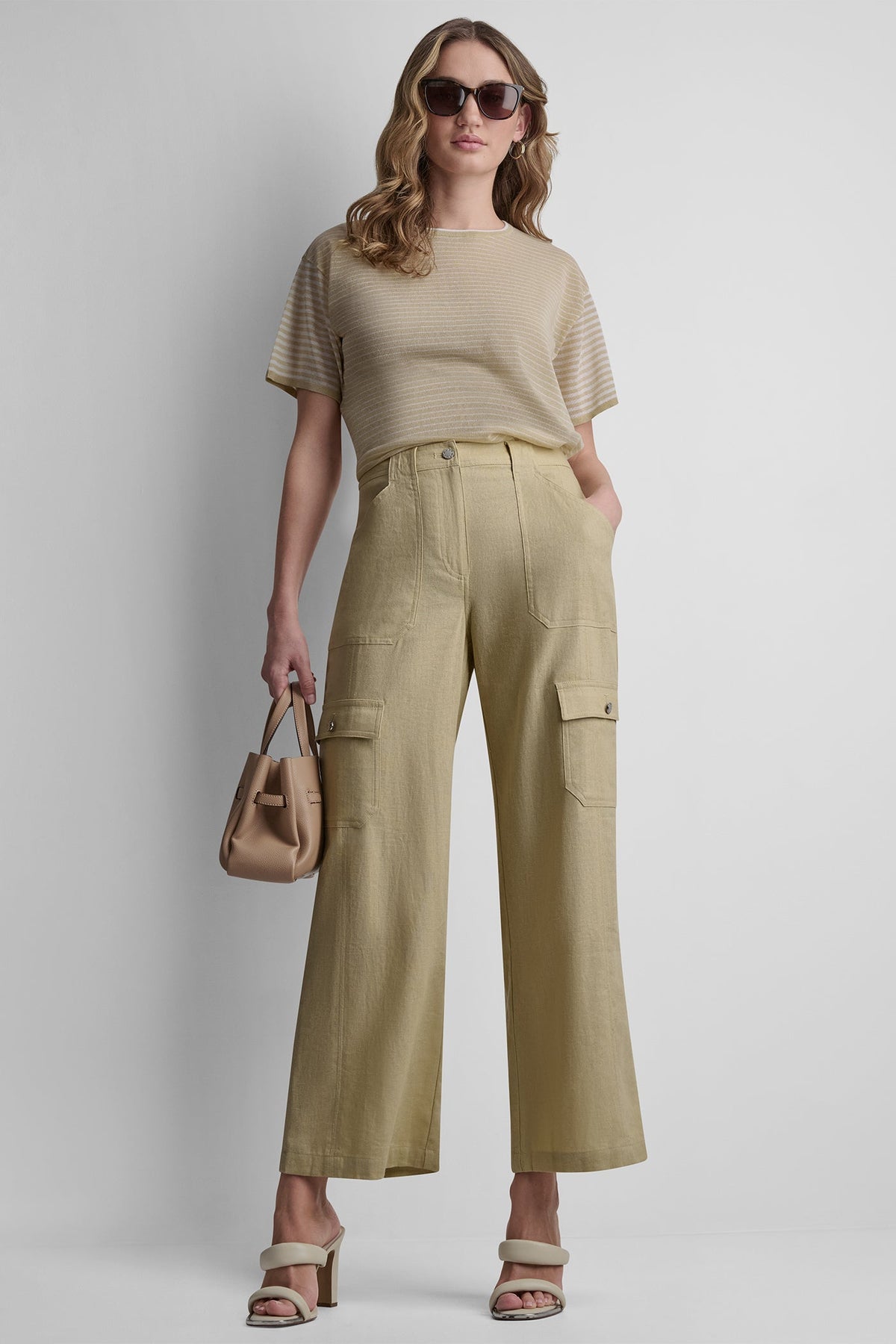 DKNY MID-RISE LINEN-BLEND STRAIGHT-LEG CARGO PANT