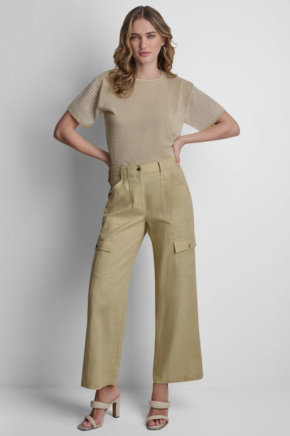 DKNY MID-RISE LINEN-BLEND STRAIGHT-LEG CARGO PANT