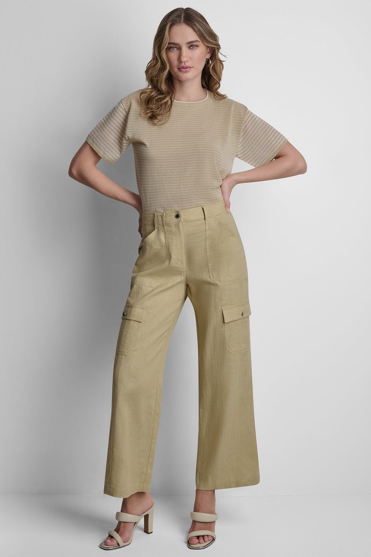 DKNY MID-RISE LINEN-BLEND STRAIGHT-LEG CARGO PANT