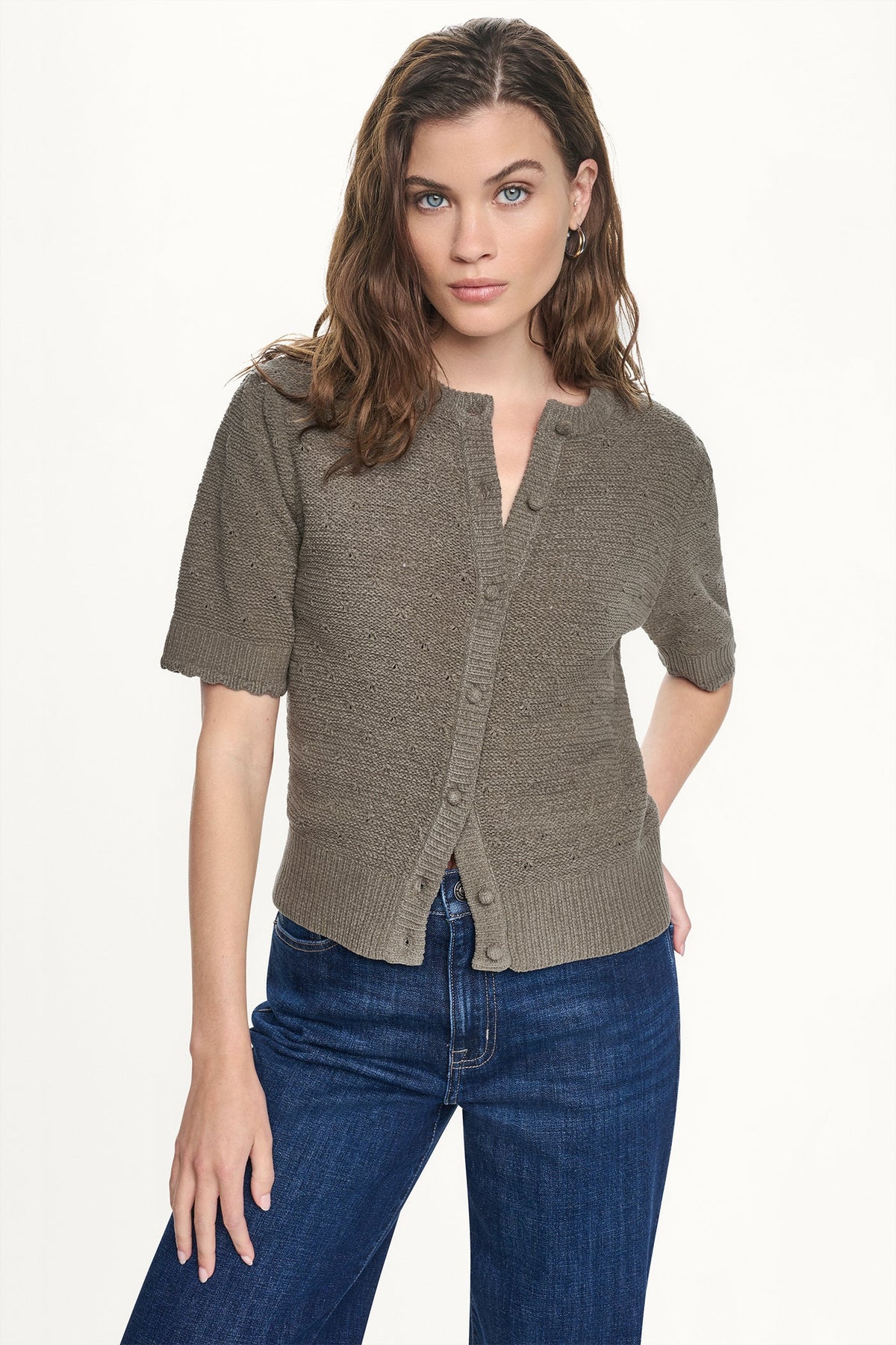 DKNY ELBOW SLEEVE CHENILLE CARDIGAN