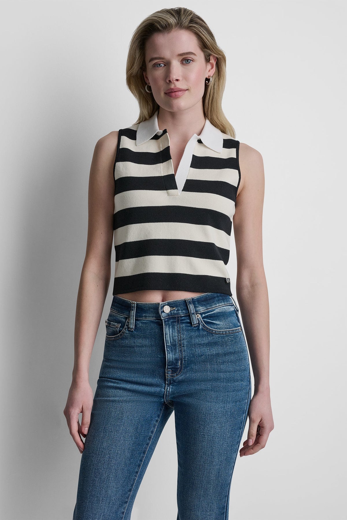 DKNY STRIPED SLEVELESS POLO SWEATER