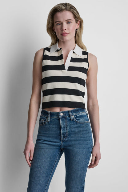 DKNY STRIPED SLEVELESS POLO SWEATER