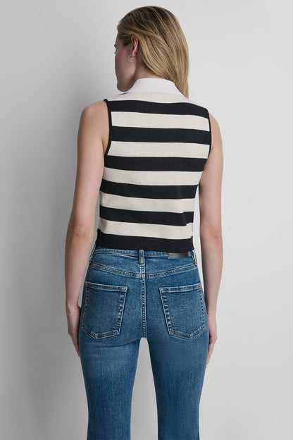 DKNY STRIPED SLEVELESS POLO SWEATER