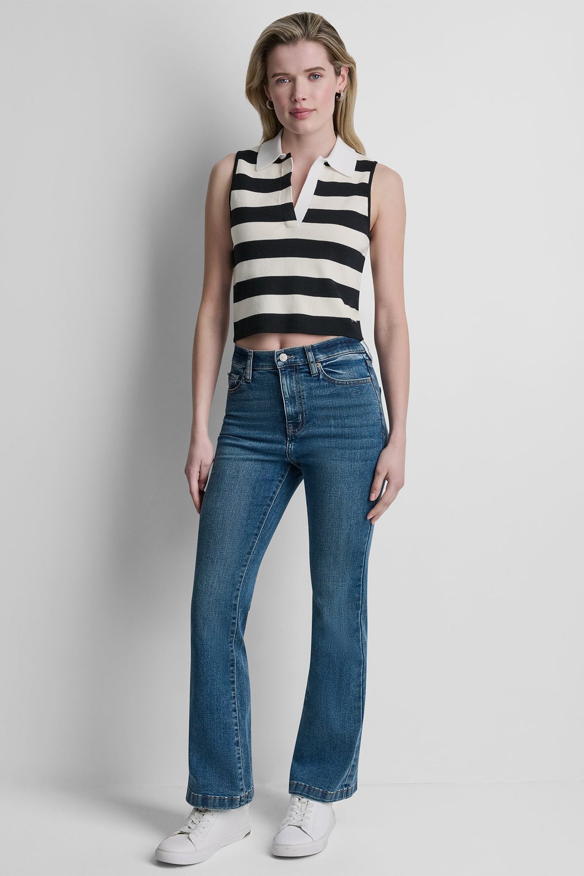 DKNY STRIPED SLEVELESS POLO SWEATER