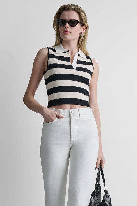 DKNY STRIPED SLEVELESS POLO SWEATER