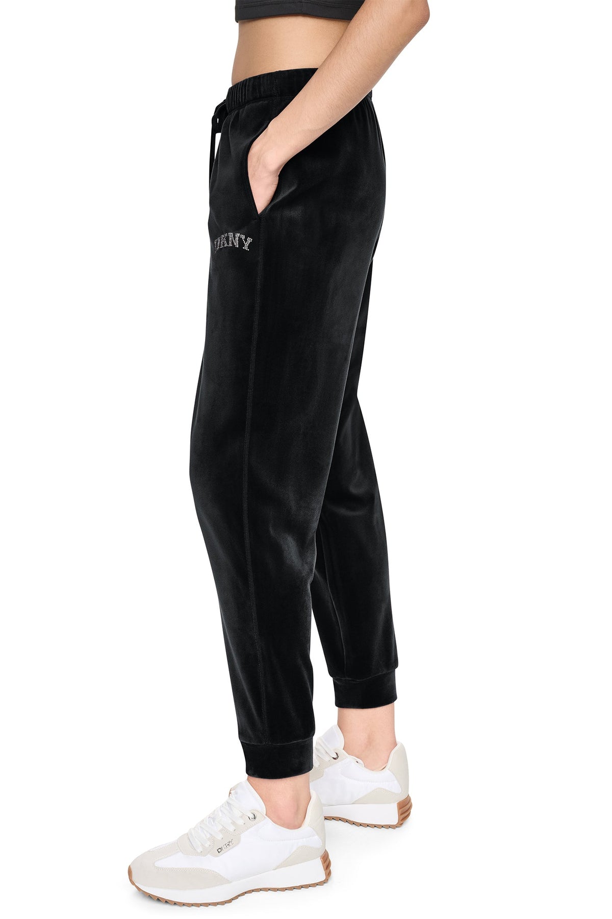 DKNY VARSITY VELOUR RHINESTONE LOGO MID-RISE JOGGER