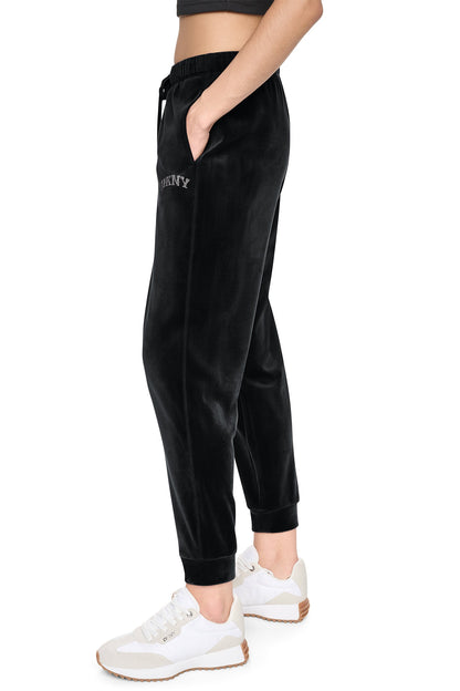 DKNY VARSITY VELOUR RHINESTONE LOGO MID-RISE JOGGER