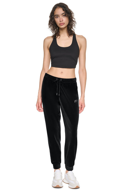 DKNY VARSITY VELOUR RHINESTONE LOGO MID-RISE JOGGER