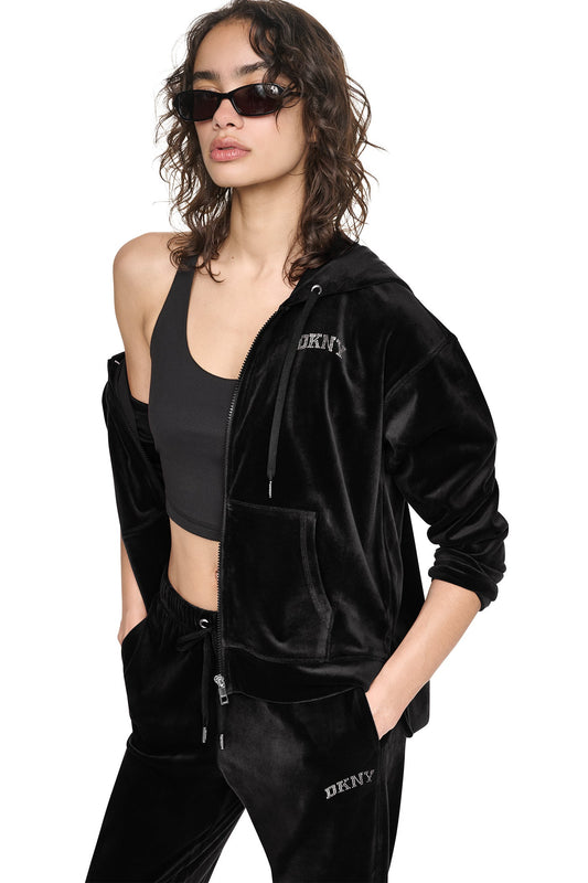 DKNY VARSITY VELOUR RHINESTONE LOGO FULL ZIP HOODIE