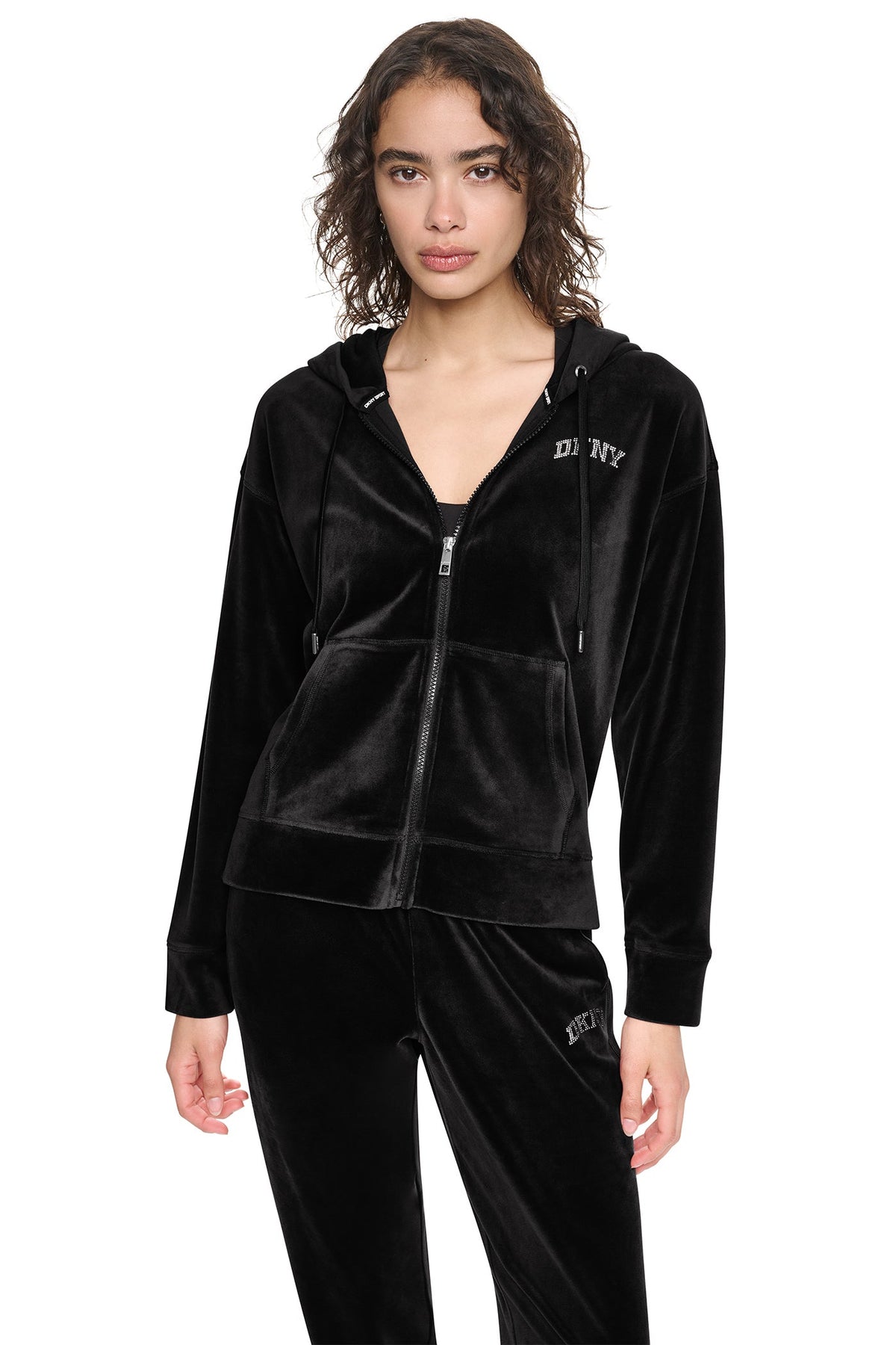 DKNY VARSITY VELOUR RHINESTONE LOGO FULL ZIP HOODIE